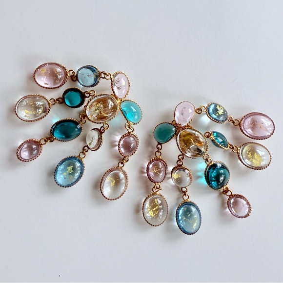 Vintage French Gripoix Poured Glass Chandelier Earrings Pink Blue Gold Leaf Foil - Picture 4 of 16